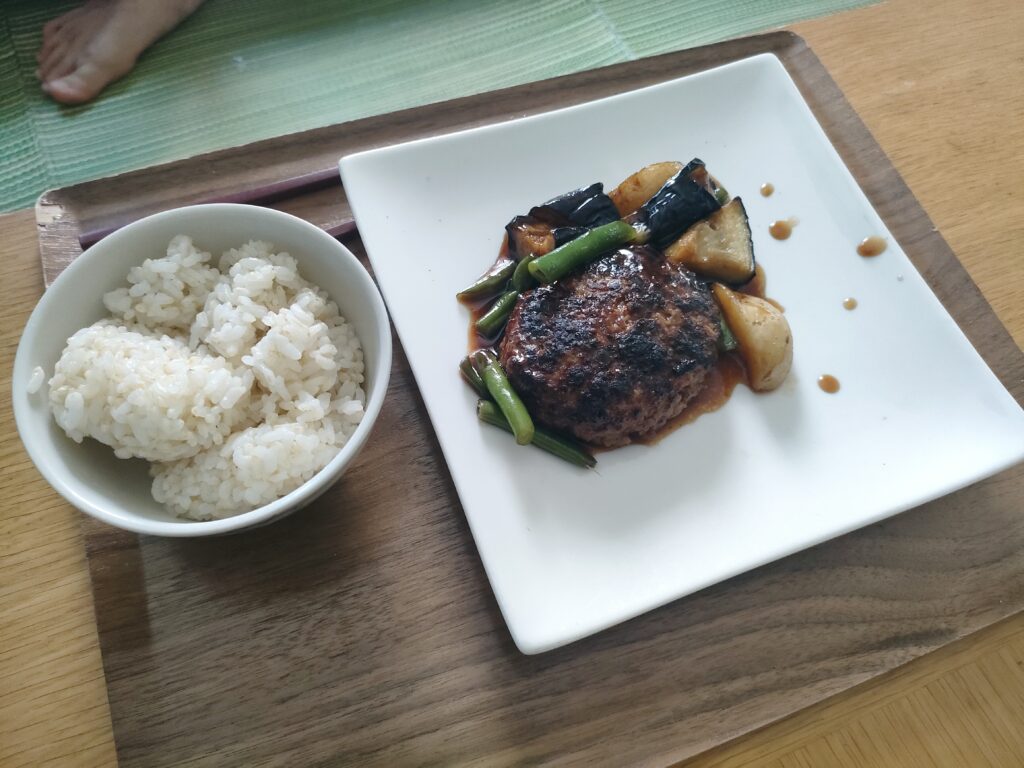 ハンバーグと解凍したご飯