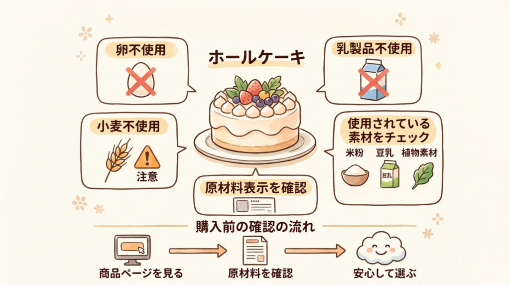 アレルギー対応ケーキを選ぶ際に確認したいポイントのイメージ
