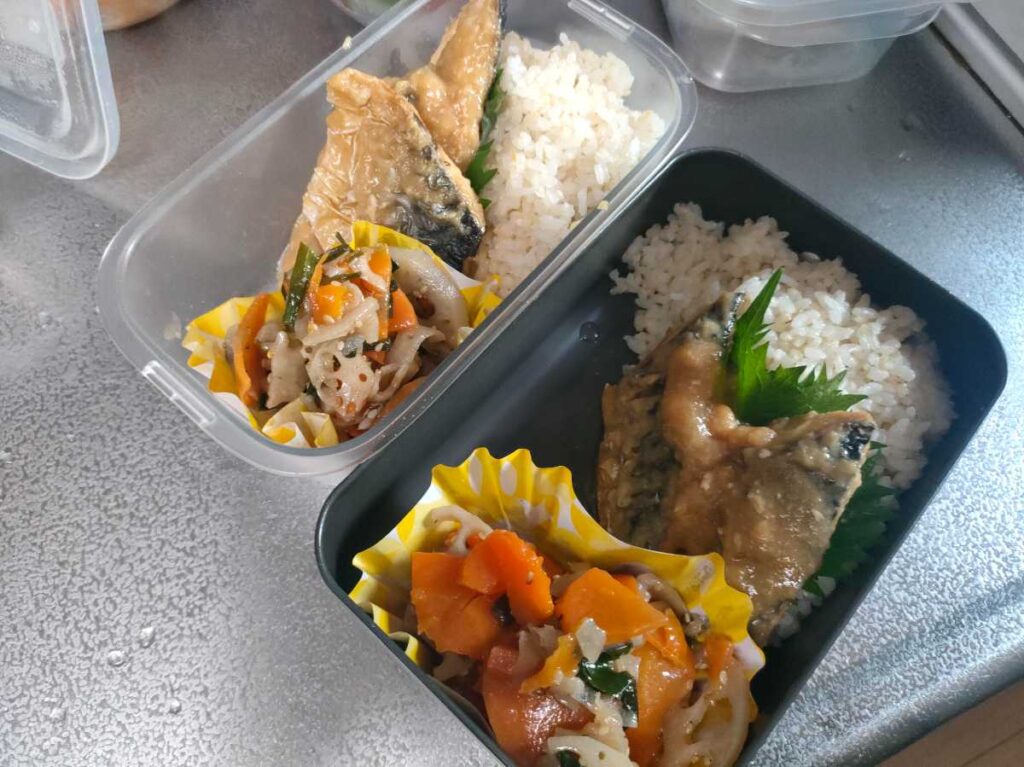 サバときんぴらを詰めたお弁当箱、まだ隙間がある状態
