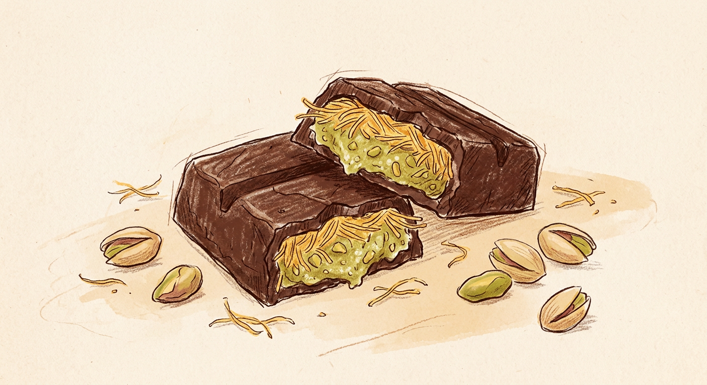 ドバイチョコレートの断面イラスト、ピスタチオとカダイフが見える