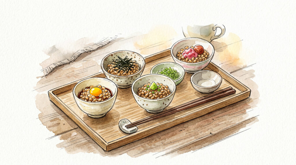 卵醤油や山わさびなど変わり種納豆が並ぶイメージ