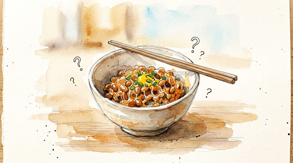 納豆のたれについて疑問を持つイメージイラスト