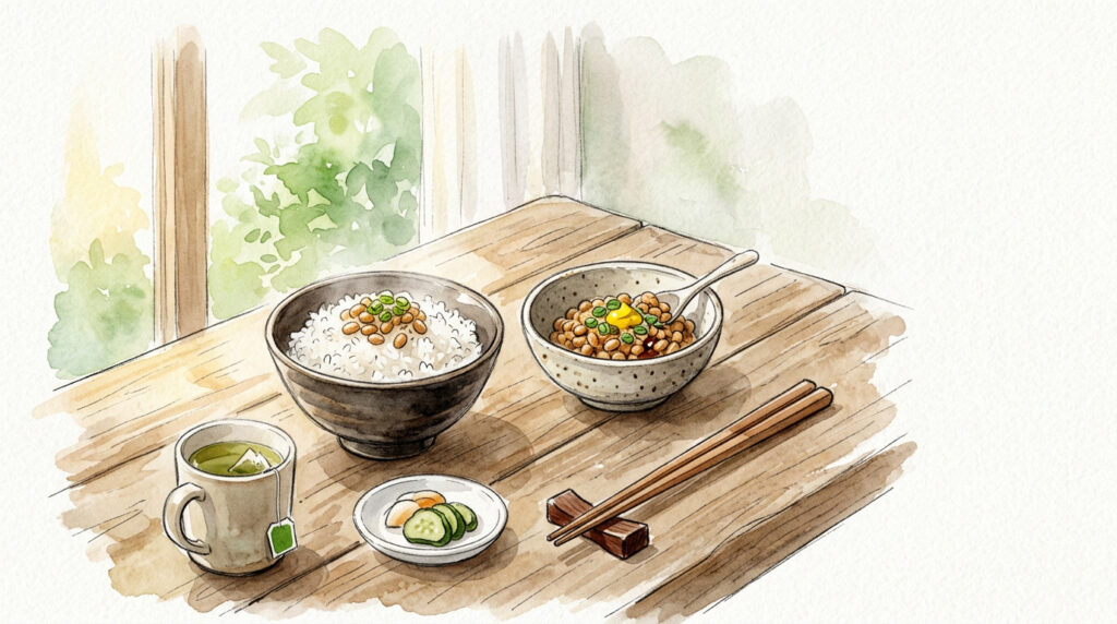 変わり種納豆で朝食を楽しむイメージイラスト
