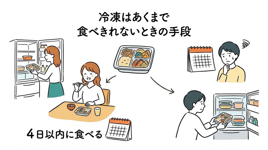冷凍はあくまで「できる」であって「推奨」ではないを説明するイメージイラスト