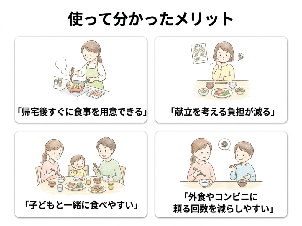 シェフの無添つくりおき 使ってみてわかったメリットを説明するイラスト