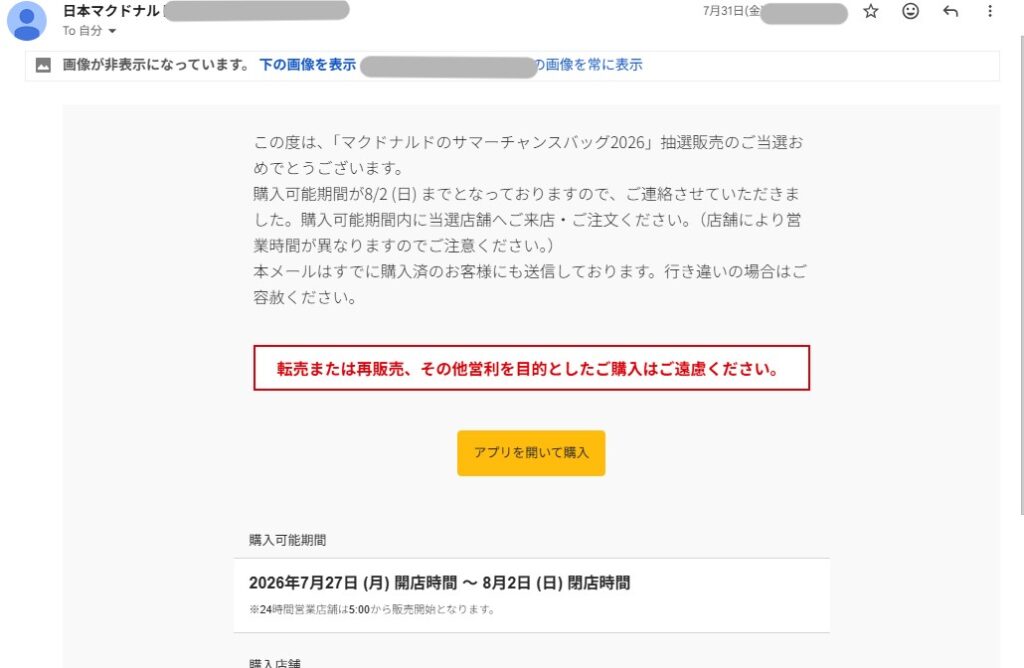 alt="マクドナルド サマーチャンスバッグ2026の当選メール"