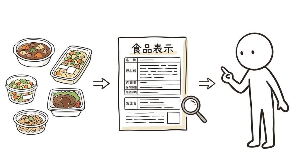 ツクリオの商品と食品表示を見ながら添加物を確認しているイラスト