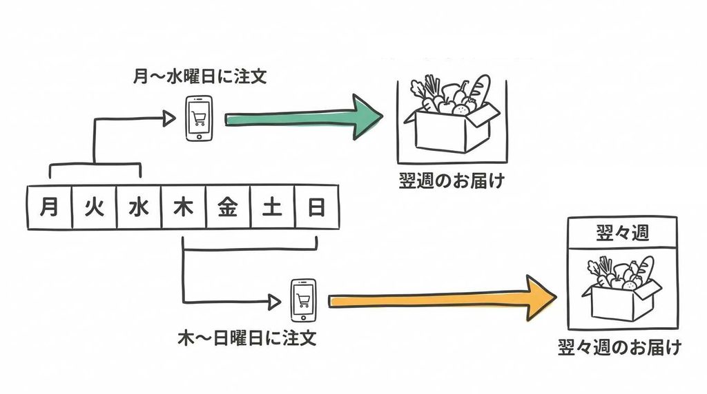 注文曜日で初回お届けが変わるイラスト