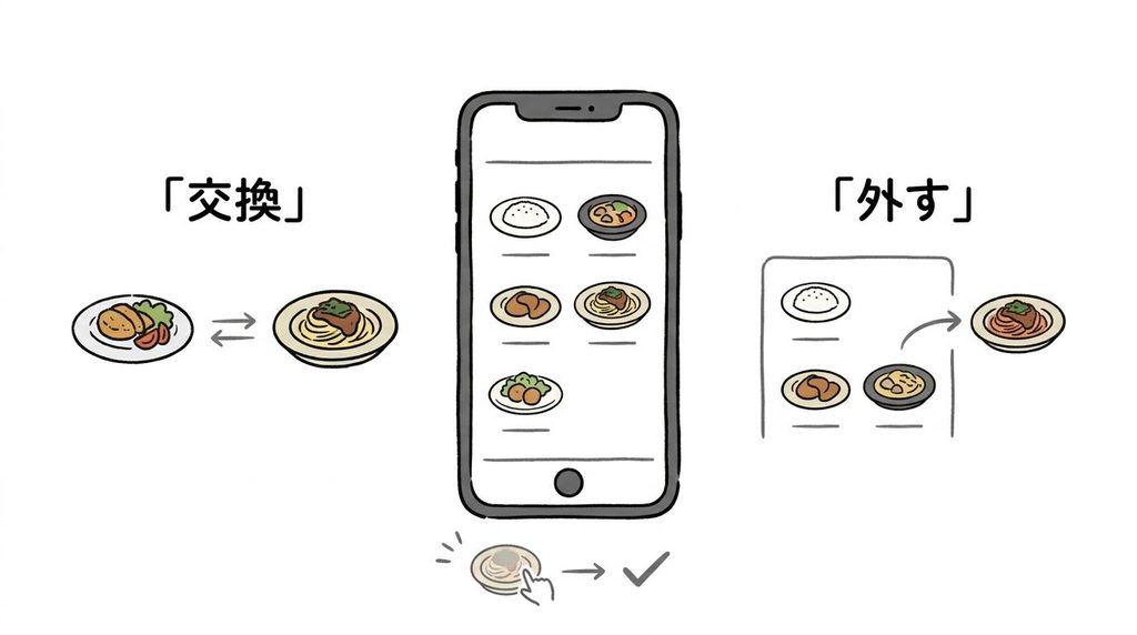 ツクリオのお届けメニュー変更画面で「交換」と「外す」を選択しているイメージイラスト