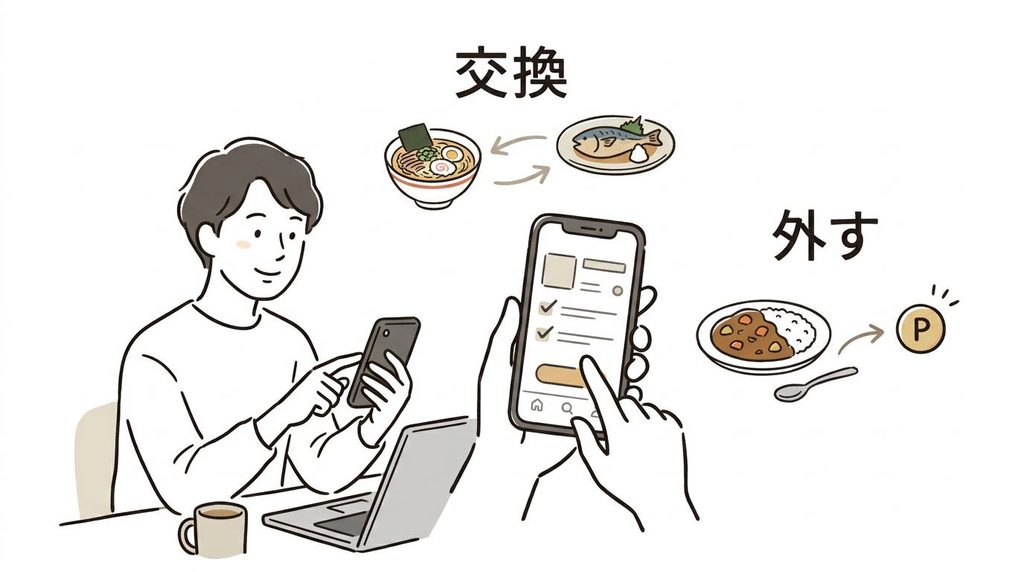 ツクリオのメニュー交換・外しとポイント還元を説明する画像
